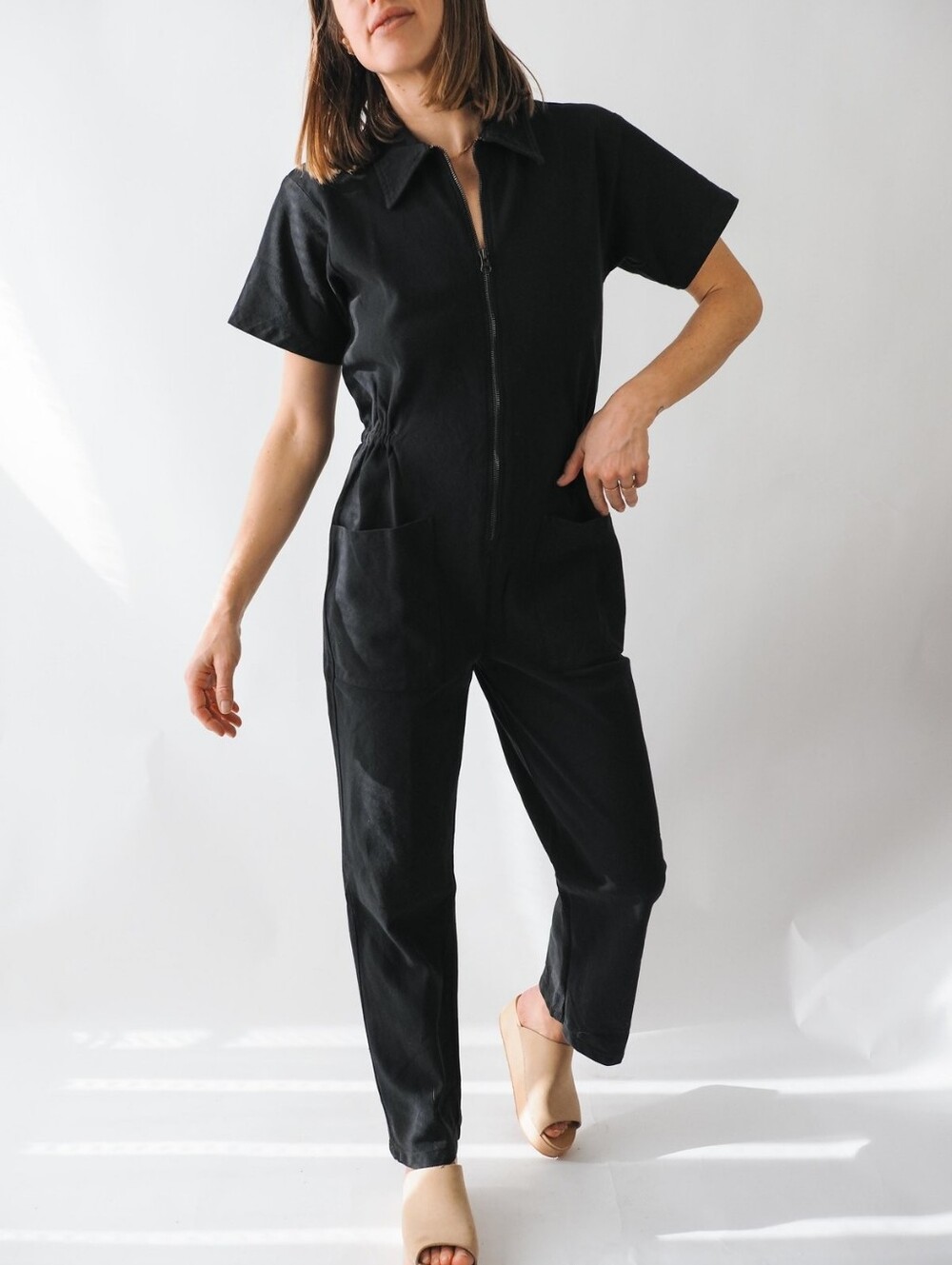 Noble Utility Black Short-Sleeve Zip-Front Jumpsuit In Ash !!!